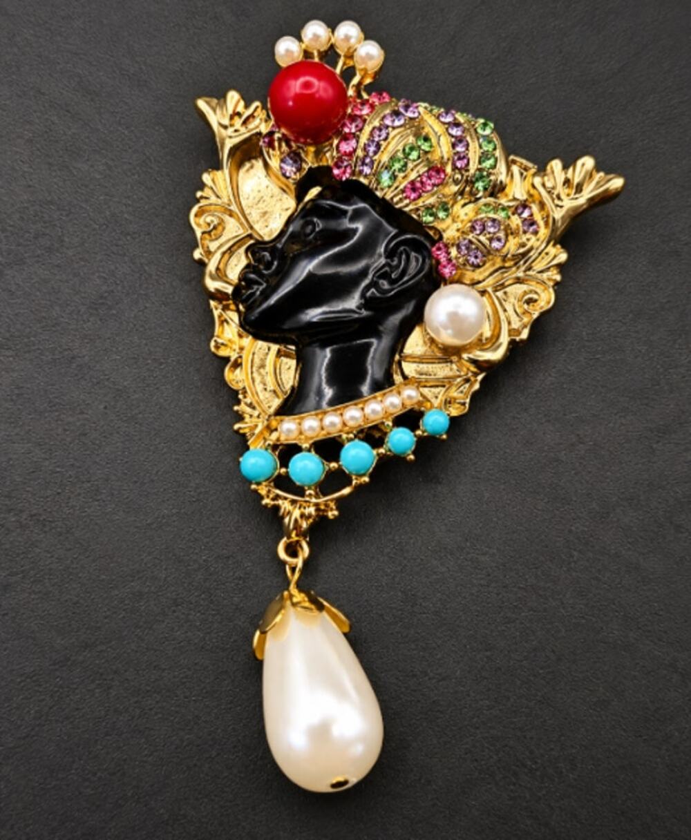 Blackamore Style Profile Brooch Rhinestones & Dangling Teardrop Faux Pearl